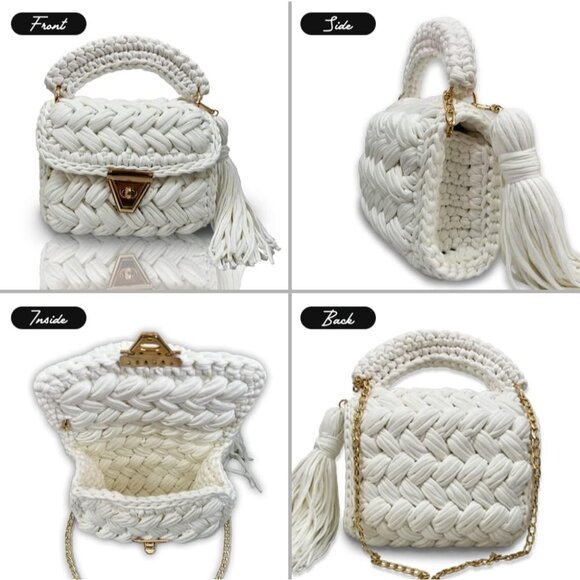 Women's Handmade Crochet White Evening Small Formal Flap Clutch Crossbody Bag - Picture 2 of 7